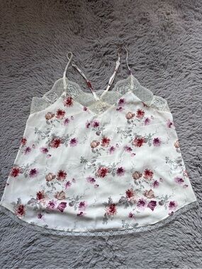 LA MIEL White Floral Lace-Trim Cami with Pink & Burgundy Blooms size Medium